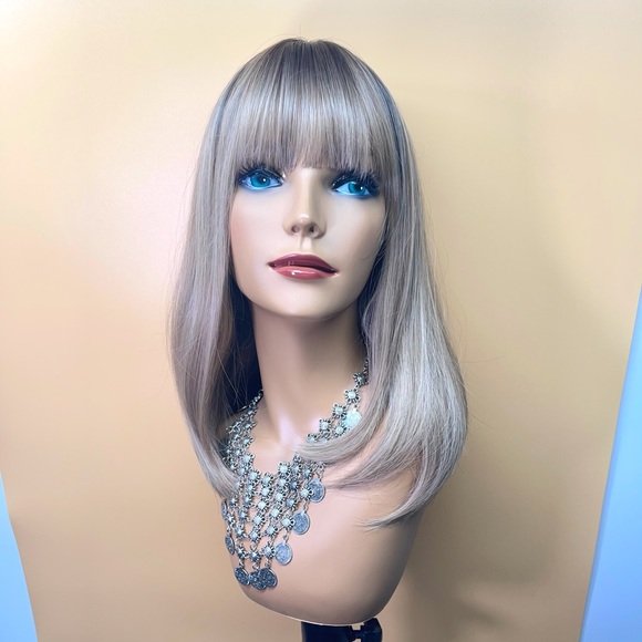 6082-16”Ombre Dark Brown Root to Ash Blond Curved Bottom Wig - Picture 10 of 11